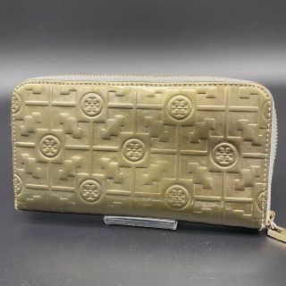 トリーバーチ(Tory Burch)の【良品】トリーバーチ　長財布　ラウンドジッパー　ロゴ　型押し　エナメル　ゴールド(財布)