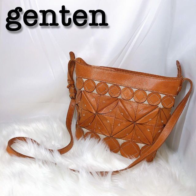 未使用品に近い gentenショルダーバッグ レザー カットワーク パステル