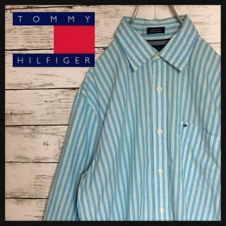 トミーヒルフィガー(TOMMY HILFIGER)の【人気デザイン】トミーヒルフィガー☆長袖ストライプシャツ　水色L A261(シャツ)