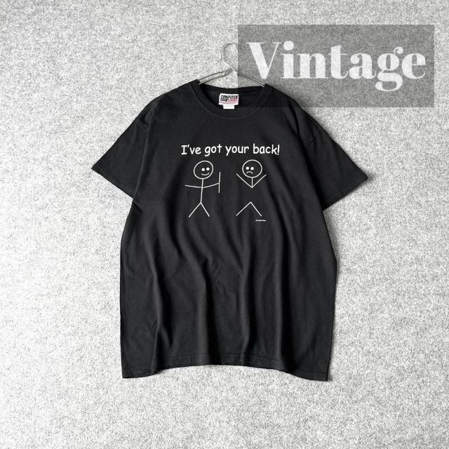 【vintage】棒ニンゲン funny プリント ルーズ 黒 Tシャツ L