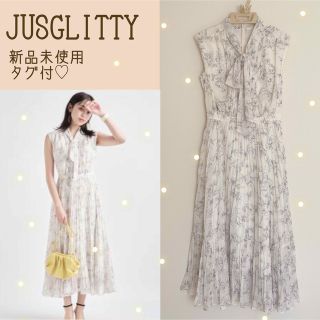 ジャスグリッティー(JUSGLITTY)の新品未使用タグ付♡【完売】大人気♪ノースリボウタイプリーツワンピース♡(ロングワンピース/マキシワンピース)