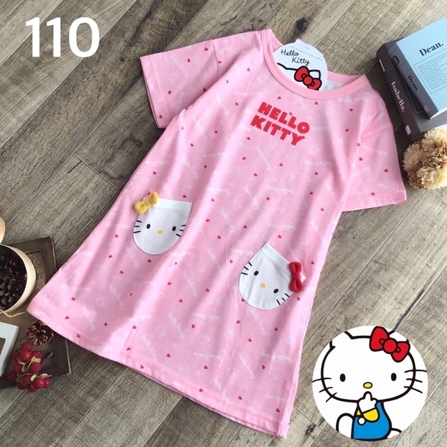 ハローキティ(ハローキティ)の❤️専用【110】キティ ロゴ 総柄 フェイスポケット 半袖 ワンピ+120 キッズ/ベビー/マタニティのキッズ服女の子用(90cm~)(ワンピース)の商品写真