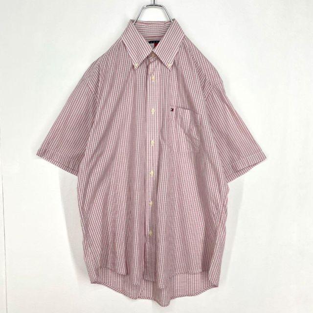 【美品】90s トミーヒルフィガー 旧タグ 刺繍ロゴ チェック 半袖シャツ 赤系