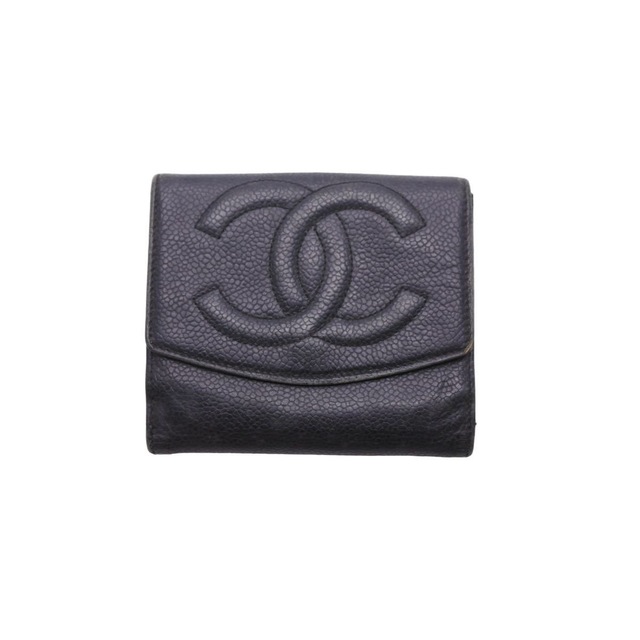 CHANEL シャネル 二つ折り財布 デカココマーク キャビアスキン ブラック 4553990 Wホック  47497