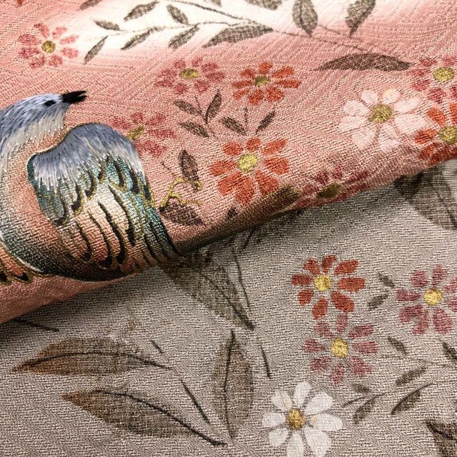 K-2999 訪問着 美しい鳥の刺繍 草花模様 京極生壁色