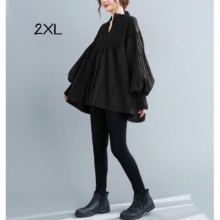 【2XL】異素材チュニック プルオーバー スキッパー パフ袖 プリーツ 体型カバ(カットソー(長袖/七分))