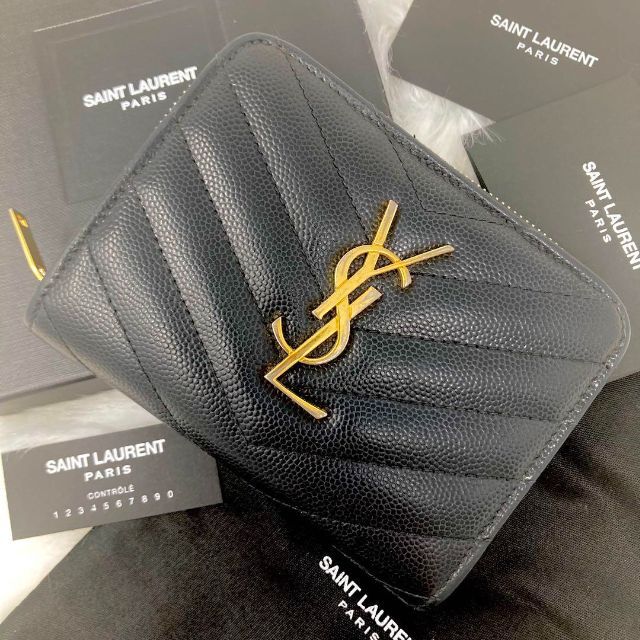 極美品 サンローラン 折り財布 キャビアスキン vステッチ レザー YSL