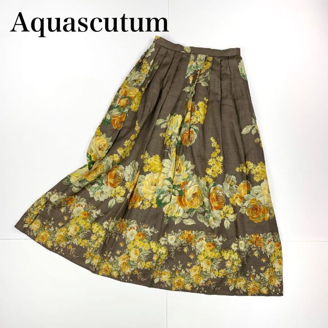 シルク混✨Aquascutum アクアスキュータム 花柄ロングスカート 9 M