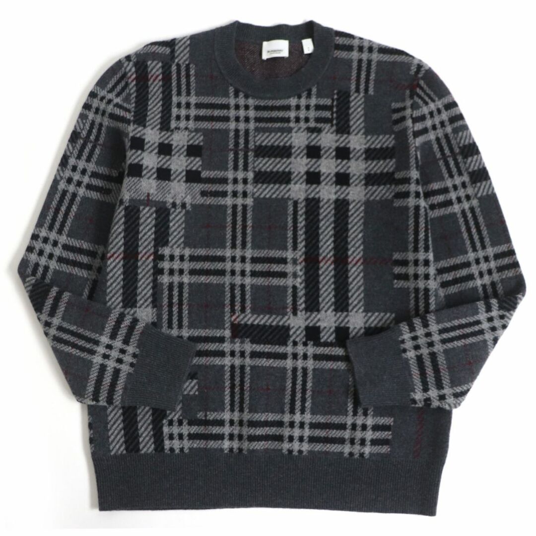 極美品□バーバリー 8045016 Patchwork Check Knit チェック柄 カシミヤ100％ ロングスリーブ 長袖ニット/セーター グレー S 正規品 メンズ