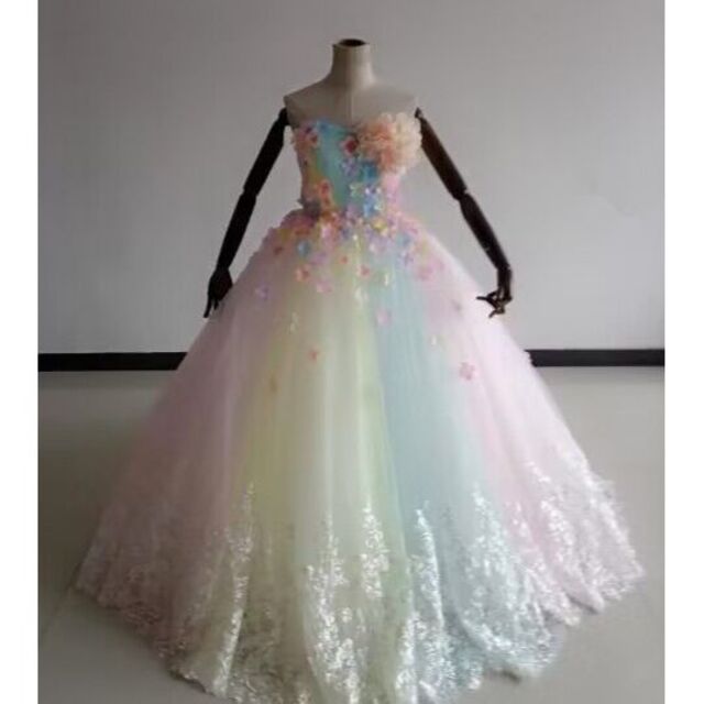 レインボードレス カラードレス ベアトップ ファスナー トレーン 背中見せ 花嫁フォーマル/ドレス