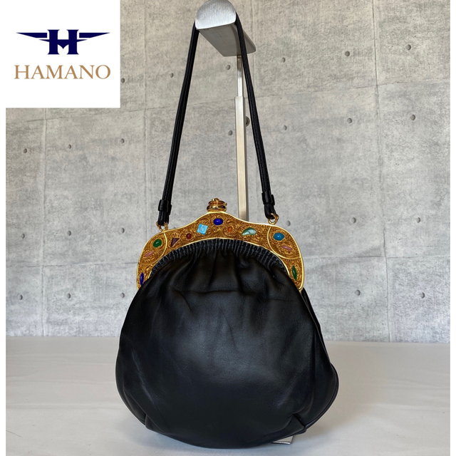 極美品】HAMANO 濱野皮革工藝 サンピエトロ 貴石 ブラック ハンドバッグ-