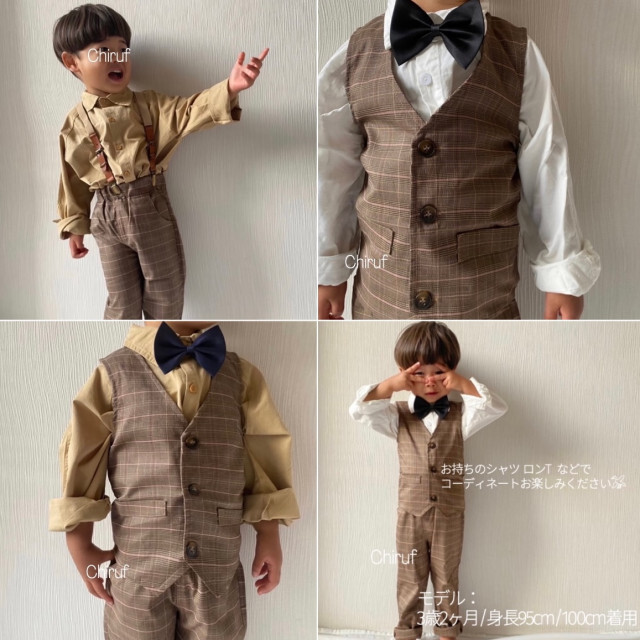 キッズ  男の子 120 フォーマル スーツ ブラウン セットアップ 人気  キッズ/ベビー/マタニティのキッズ服男の子用(90cm~)(ジャケット/上着)の商品写真