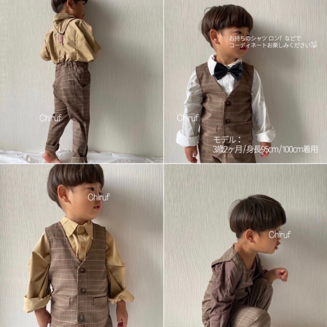 キッズ  男の子 120 フォーマル スーツ ブラウン セットアップ 人気  キッズ/ベビー/マタニティのキッズ服男の子用(90cm~)(ジャケット/上着)の商品写真