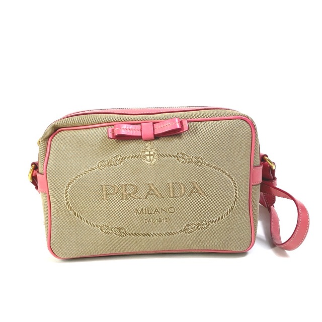 プラダ PRADA ロゴジャカード 1BH089 リボン カバン  ショルダーバッグ キャンバス ピンク