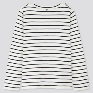 ユニクロ(UNIQLO)のボーダーボートネックT（長袖）　オフホワイト　新品未使用タグ付き(カットソー(長袖/七分))