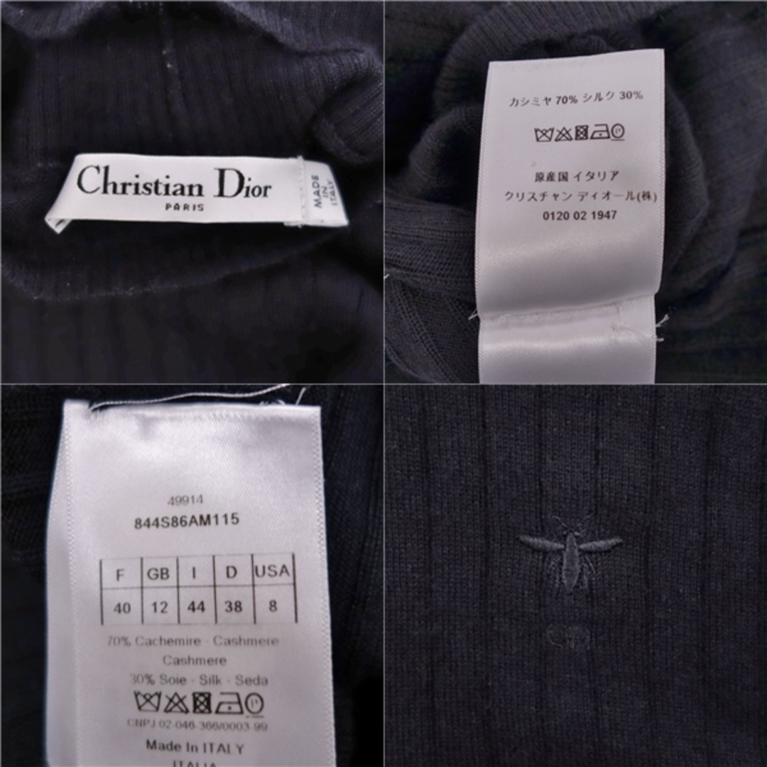 美品 クリスチャンディオール Christian Dior ニット セーター ロングスリーブ ハイネック Bee刺繍 カシミヤ シルク トップス レディース I44 USA8 F40(M相当) ブラック