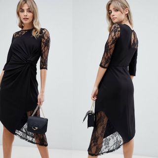 エイソス(asos)のASOS【UK4】ブラック フロントツイスト シアーレースワンピース(ひざ丈ワンピース)