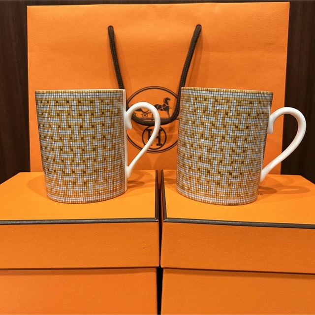 HERMES エルメス マグカップ モザイク ヴァンキャトル ゴールド ペア