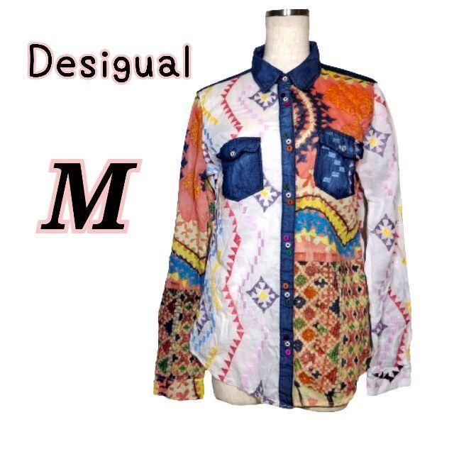 DESIGUAL(デシグアル)のDesigual デシグアル 総柄 長袖デニム シャツ 刺繍 カラフル M 薄手 レディースのトップス(シャツ/ブラウス(長袖/七分))の商品写真