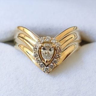 ペアシェイプカット ダイヤモンド V字 リング K18YG 0.37ct(リング(指輪))