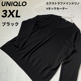 ユニクロ(UNIQLO)の【美品】【3XL】エクストラファインメリノVネックセーター【09 BLACK】(ニット/セーター)