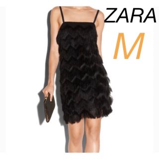 ザラ(ZARA)のZARA ★未使用★フリンジ付きワンピース ブラック　M(ひざ丈ワンピース)