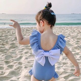 ブルー 水着 スイミング ウェア 水遊び プール 女の子 フリル リボン 可愛い(水着)