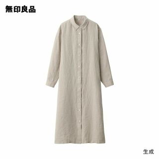 ムジルシリョウヒン(MUJI (無印良品))の≪新品≫ 無印良品リネン洗いざらし長袖シャツワンピース／生成／Ｌ(ひざ丈ワンピース)