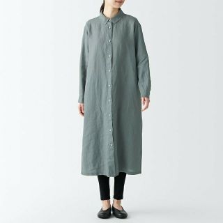 ムジルシリョウヒン(MUJI (無印良品))の≪新品≫無印良品リネン洗いざらし長袖シャツワンピース／スモーキーグリーン／Ｌ(ひざ丈ワンピース)