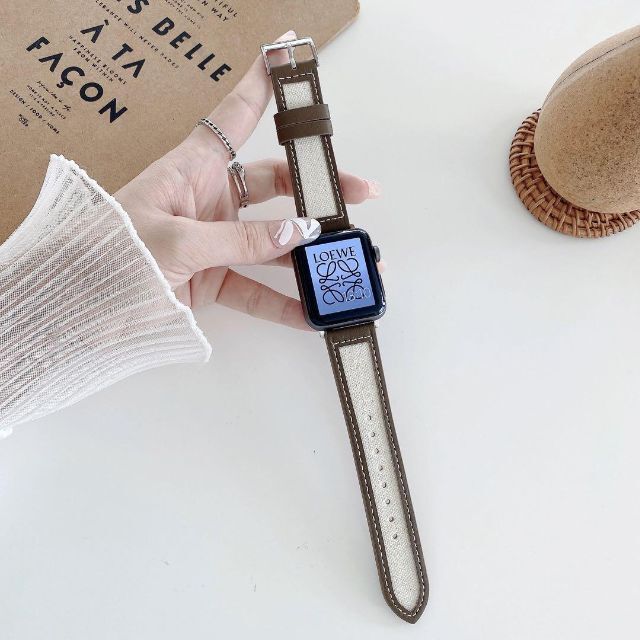 キャンバス × レザー バンド【グレージュ】アップルウォッチ ベルト 韓国雑貨 レディースのファッション小物(腕時計)の商品写真