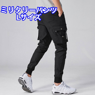メンズ パンツ ミリタリー 韓国 男女兼用 ダンス カジュアル 黒 ブラック L(ワークパンツ/カーゴパンツ)