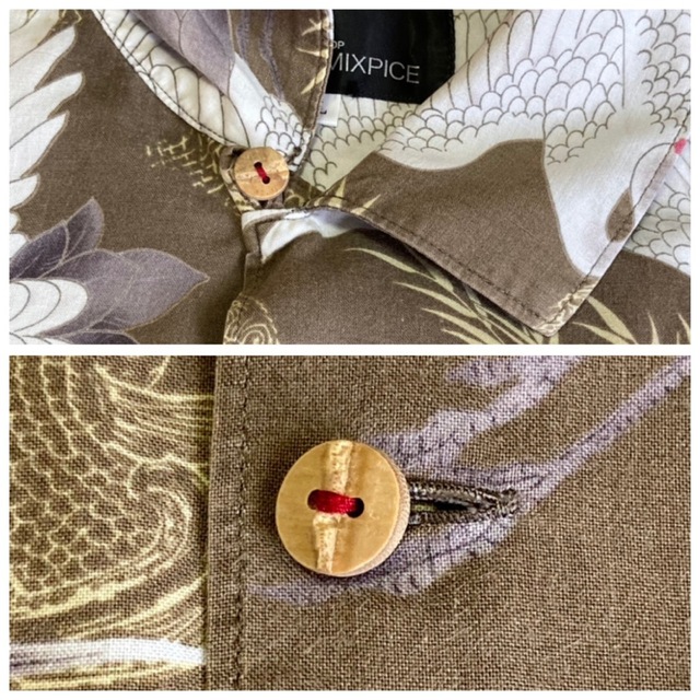 TAKEO KIKUCHI(タケオキクチ)の和柄 アロハシャツ 半袖 鶴 レーヨン コットン 開襟 アースカラー 木ボタン メンズのトップス(シャツ)の商品写真