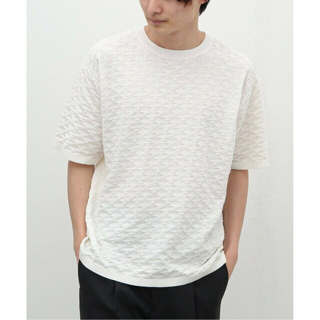 【ホワイト】リネンライク ジャガード半袖ニットTシャツ