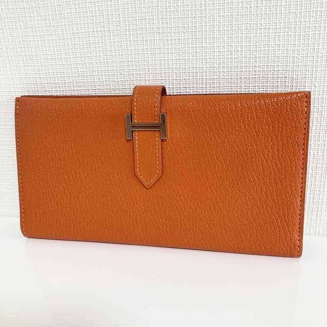 HERMES シェーブル ベアン シルバー金具 □H オレンジ 長財布