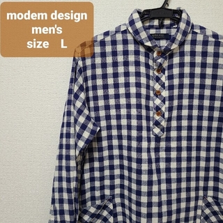 modem design - 青ギンガムチェック　メンズ長袖シャツ　綿100%