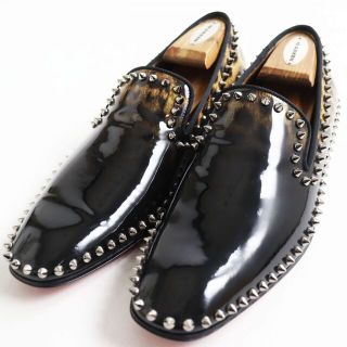 クリスチャンルブタン(Christian Louboutin)の極美品●クリスチャンルブタン パテントレザー スパイクスタッズ  レオパード柄 ローファー/フラットシューズ ブラック 40 1/2 伊製 箱付き(その他)