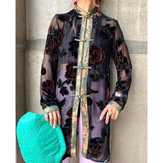vintage シアー シルク × ベロア チャイナデザイン トップス