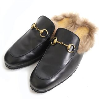 グッチ(Gucci)の極美品◆GUCCI グッチ 475094 プリンスタウン ホースビット レザー ファースリッポン 黒 イタリア製 約26.5cm相当 箱・保存袋付 メンズ(スリッポン/モカシン)