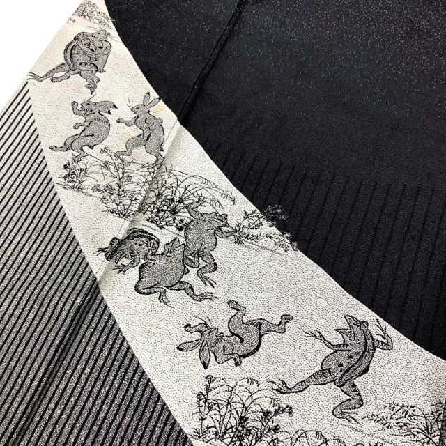 K-3028 訪問着 お召 鳥獣戯画 ストライプ モノトーン 宅配