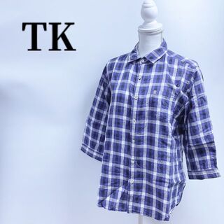 タケオキクチ(TAKEO KIKUCHI)のTKタケオキクチ5部袖麻チェックシャツ襟付きブラウスメンズLネイビーブルー(シャツ)
