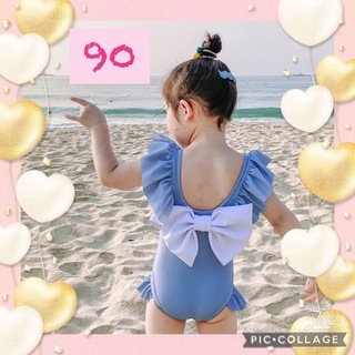 90cm 女の子 ワンピース 水着 フリル リボン 韓国 ブルー ベビー キッズ(水着)