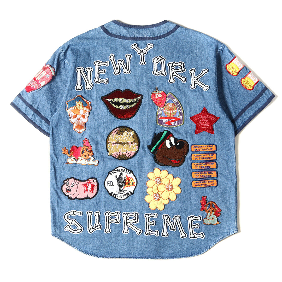 Supreme シュプリーム シャツ マルチワッペン デニム ベースボールシャツ Patches Denim Baseball Jersey 21SS インディゴ ブルー S トップス カジュアルシャツ 半袖 【メンズ】