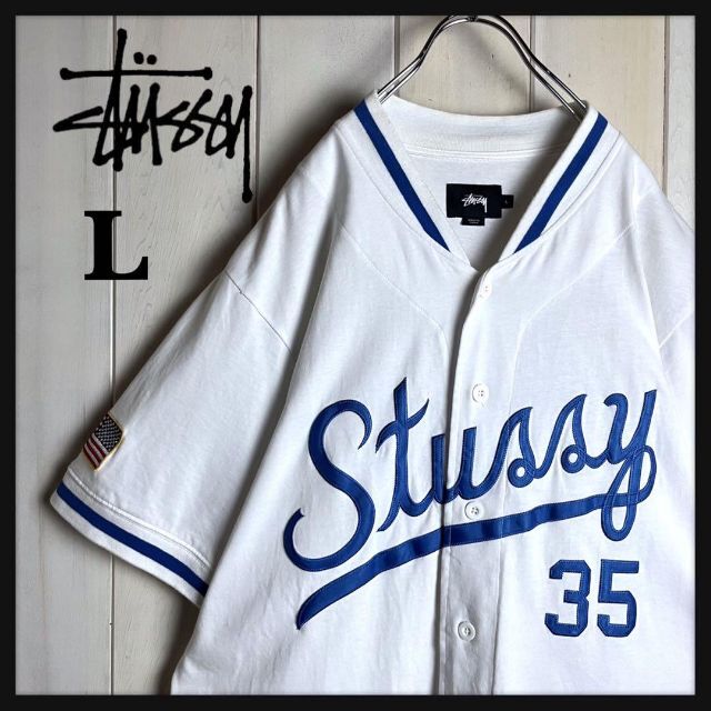 【人気Lサイズ】ステューシー☆センター刺繍ロゴ入り半袖ベースボールシャツ