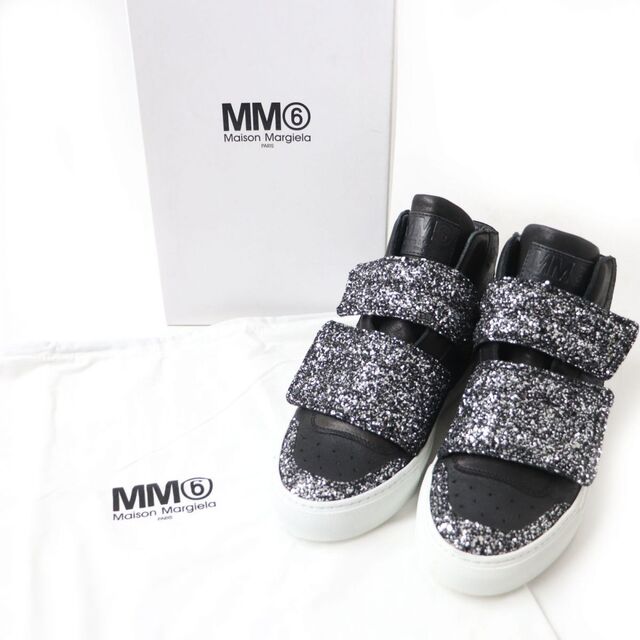 極美品☆MM6 Maison Margiela メゾンマルジェラ S40WS0048 グリッター・ラメ クラック ベルクロ レザースニーカー 黒 37  箱・保存袋付き