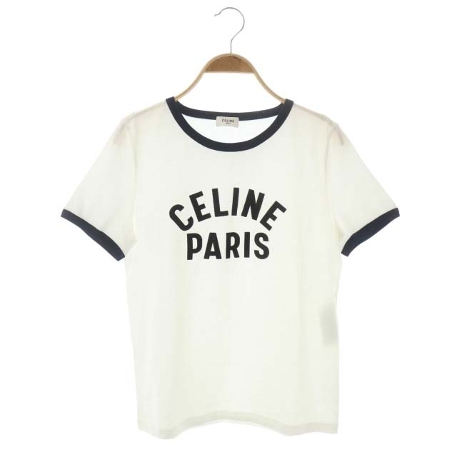 455cm着丈セリーヌ PARIS Tシャツ カットソー 半袖 S 白 紺 2X855501F