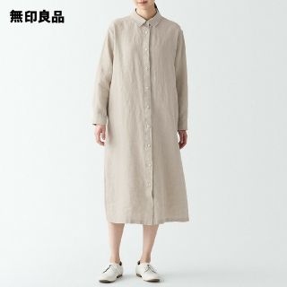 ムジルシリョウヒン(MUJI (無印良品))の【新品】無印良品リネン洗いざらし長袖シャツワンピース／生成／Ｍ(ひざ丈ワンピース)