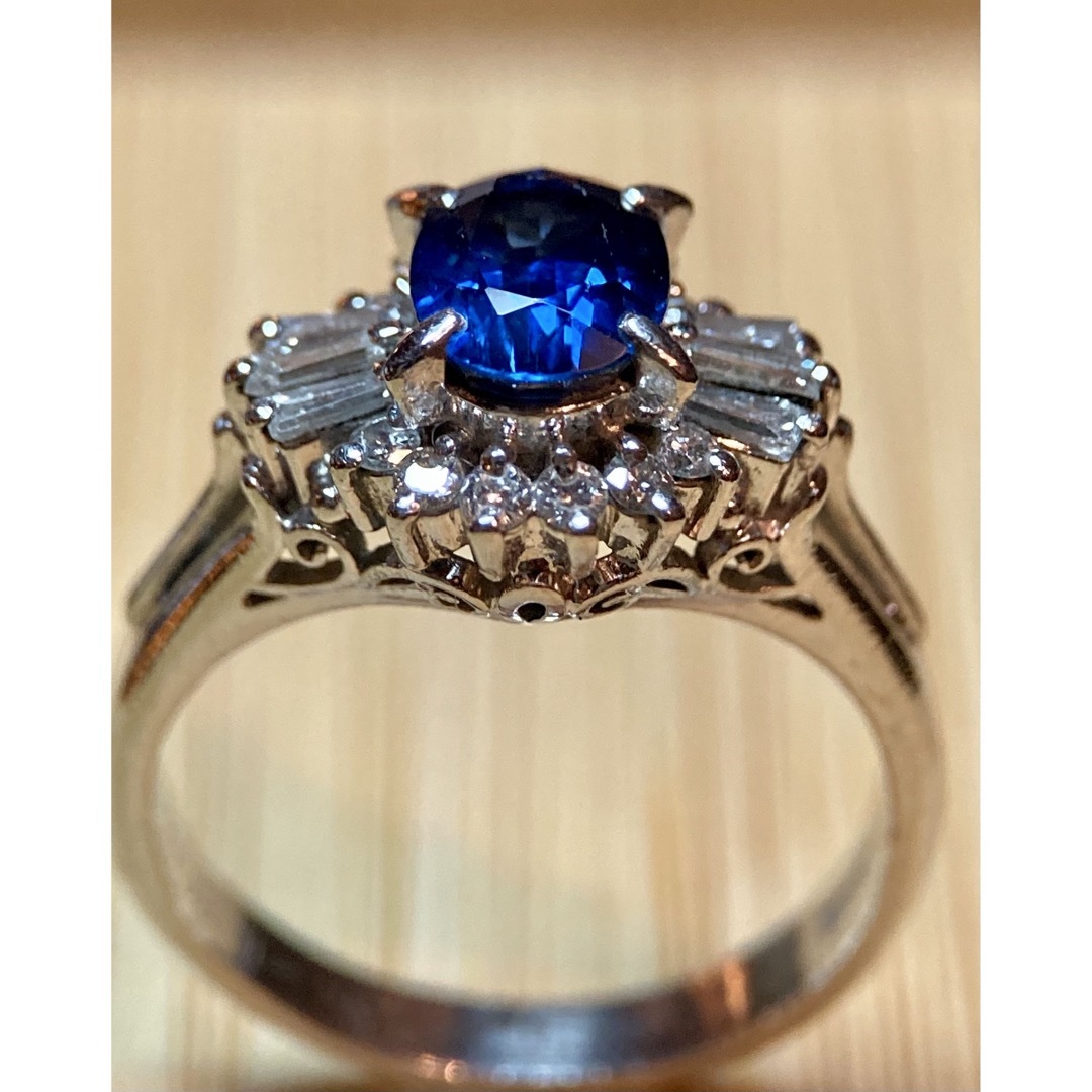 pt900 陽刻 ブルーサファイア1.06ct D0.32 鑑別付き 昭和レトロ