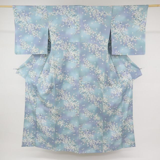 長尺*単衣□小紋□桜の花模様◇紫水色まだらぼかし◇正絹着物 長尺*単衣□小紋□桜の花模様◇紫水色まだらぼかし◇正絹着物