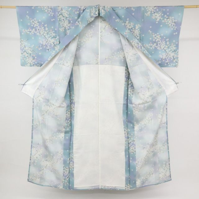 長尺*単衣□小紋□桜の花模様◇紫水色まだらぼかし◇正絹着物 長尺*単衣□小紋□桜の花模様◇紫水色まだらぼかし◇正絹着物