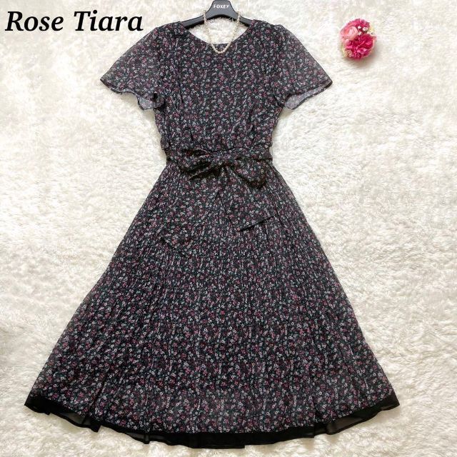 美品】Rose Tiara ワンピース 大きいサイズ 花柄 シフォン リボン 女性